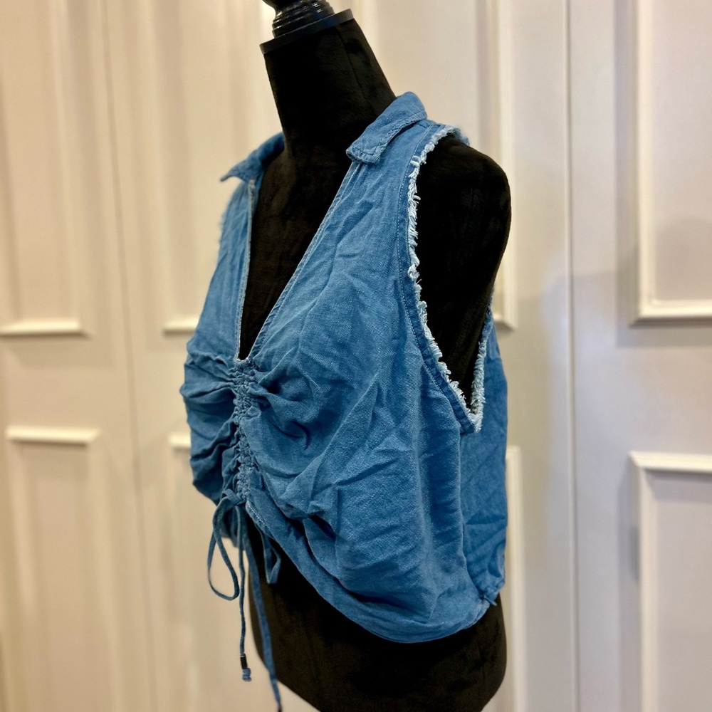 Pilcro Blue Ruched Denim Blouse